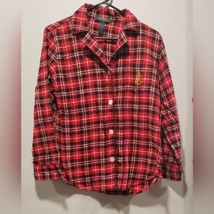 Lauren Ralph Lauren Womens Red Plaid Crest Logo Longsleeve Fleece PJ Top Flannel